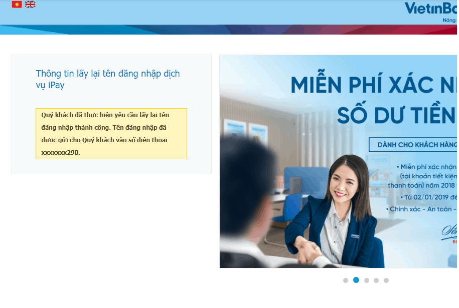 Cách lấy lại tên đăng nhập vietinbank ipay