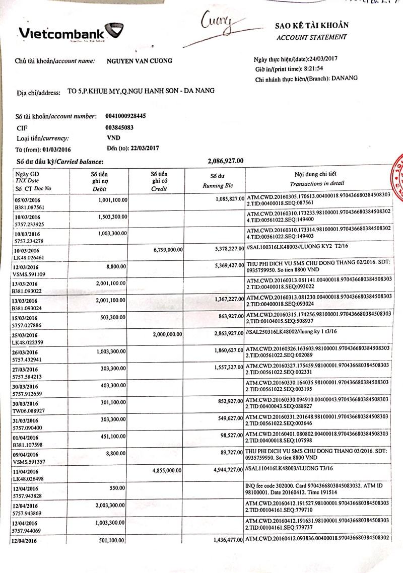 Sao kê tài khoản của Vietcombank