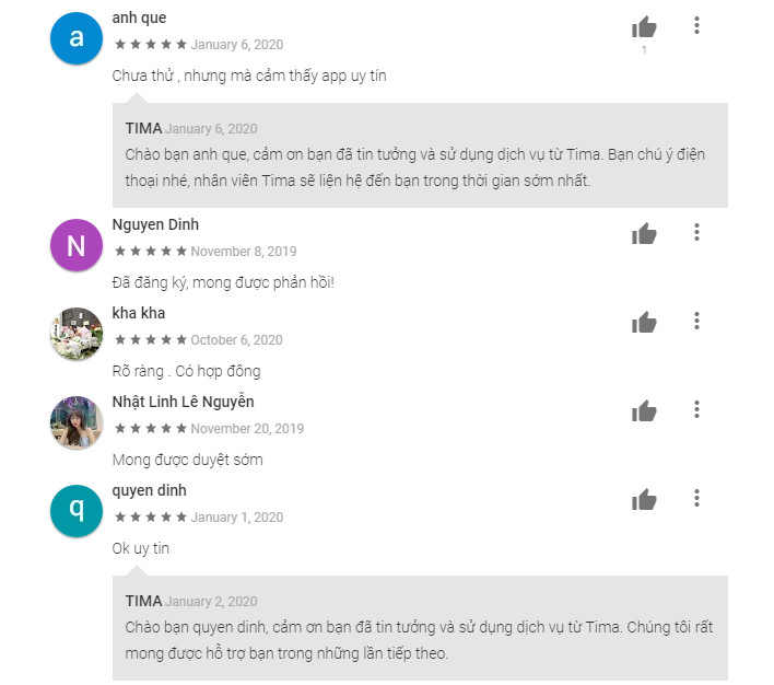 đánh giá về app tima