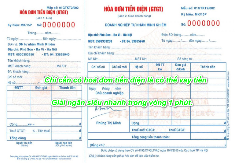 Vay tiền theo hóa đơn tiền điện/ nước