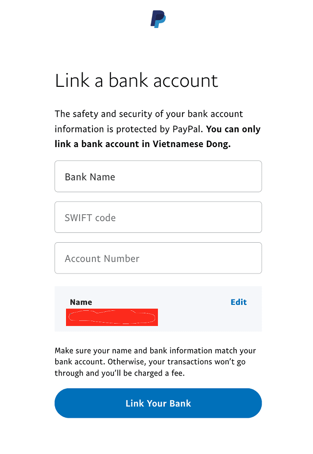 Cập nhật thông tin chính xác để liên kết tài khoản ngân hàng với Paypal thành công