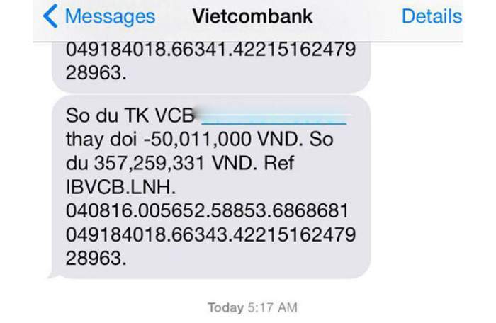 Kiểm tra tiền trong tài khoản bằng tin nhắn SMS từ ngân hàng