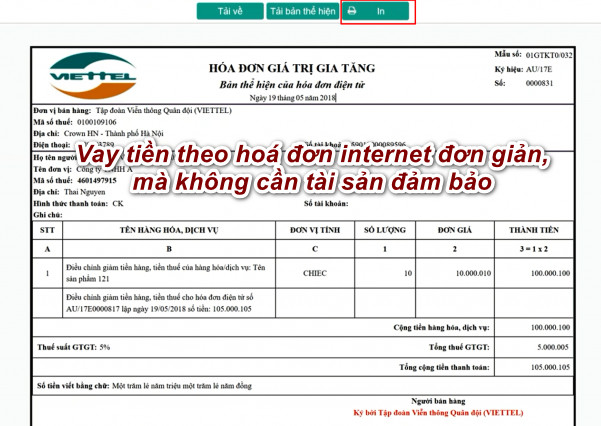 Vay tiền theo hoá đơn internet